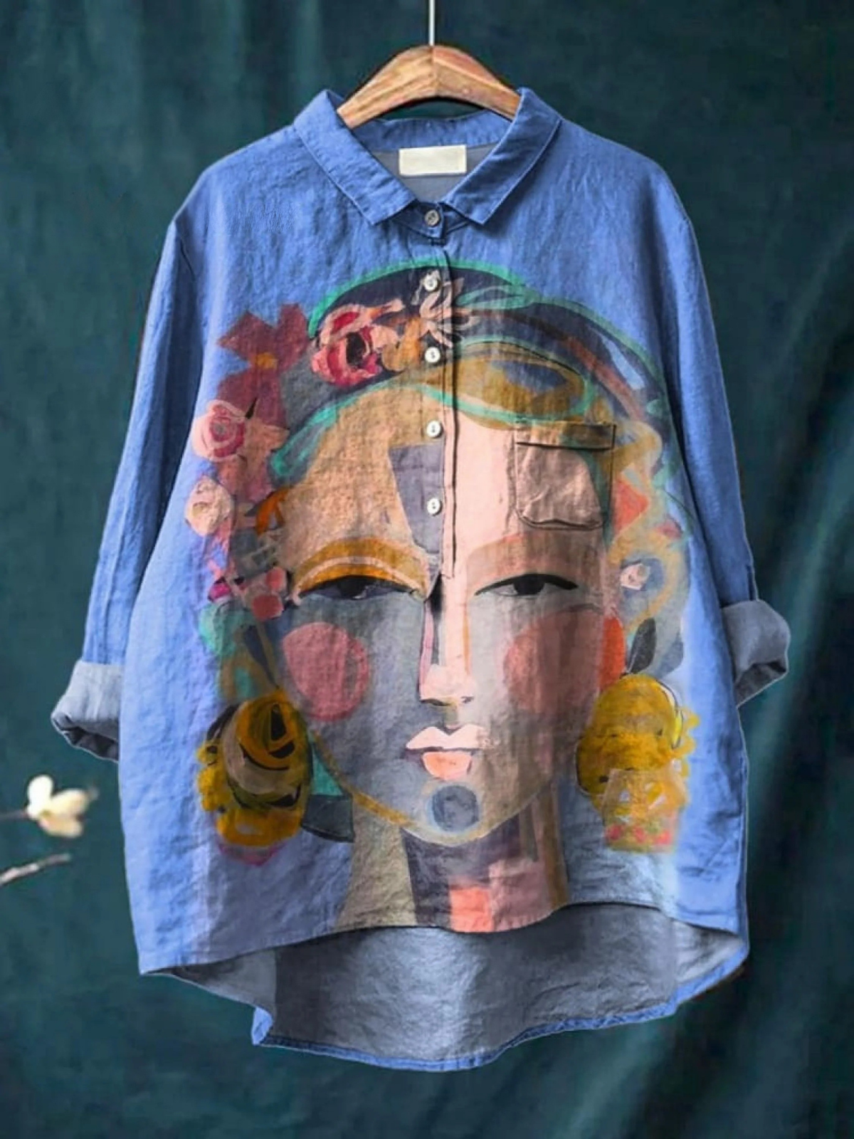 Oil Painting Freda Portrait Art Printed Women's Casual Cotton And Linen Shirt