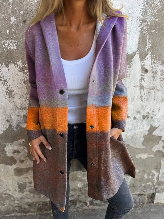 Casual Color Block Art Print Long Sleeve Button Hooded Jacket
