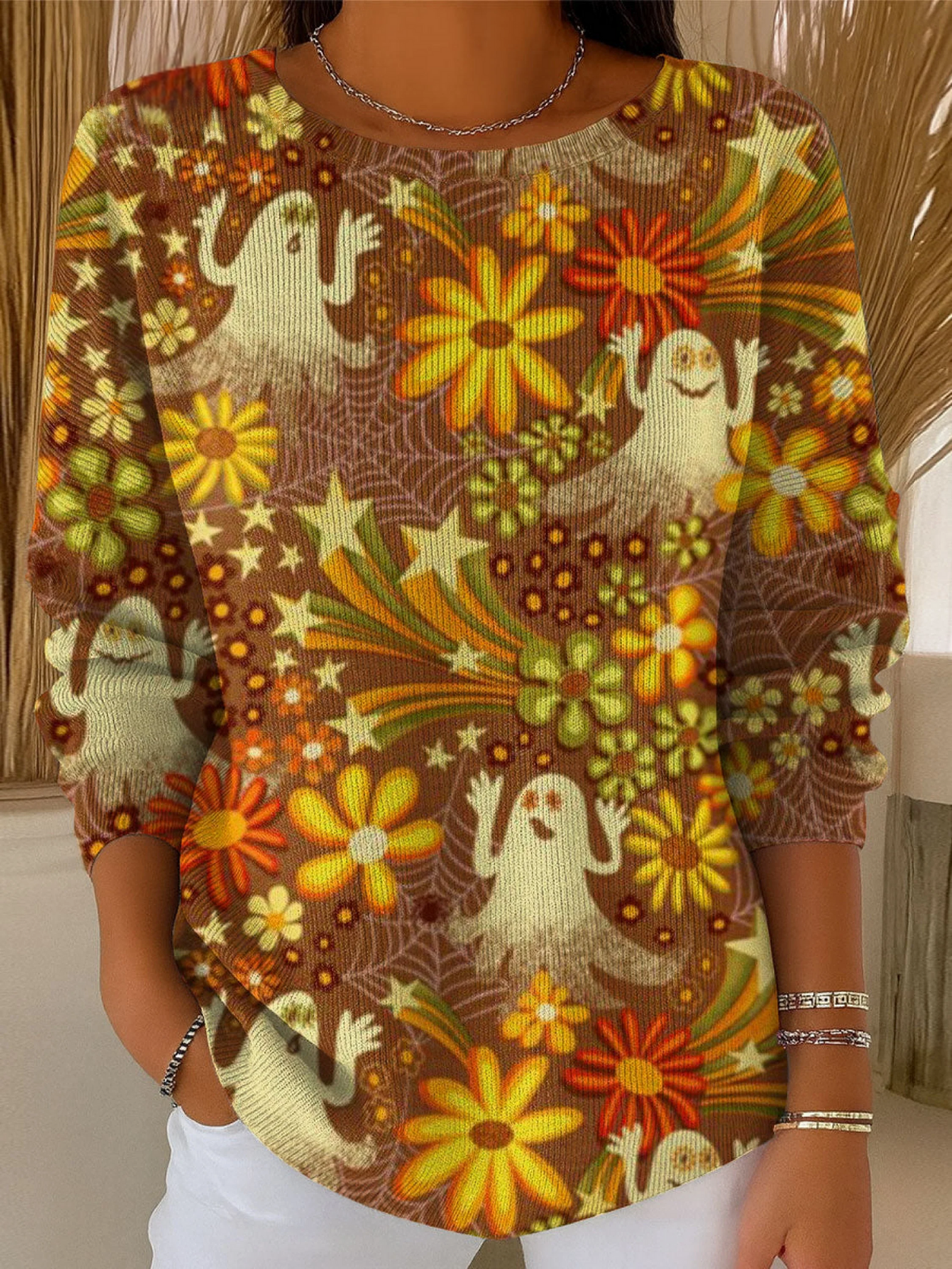 Women's Vintage Halloween Retro Ghost Art Print Casual Pullover Sweater