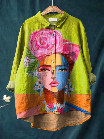 Oil Painting Freda Portrait Art Printed Women's Casual Cotton And Linen Shirt
