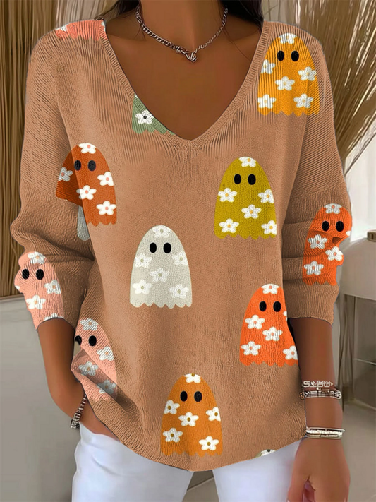 Women's Vintage Ghost Floral Art Print Casual Pullover Sweater