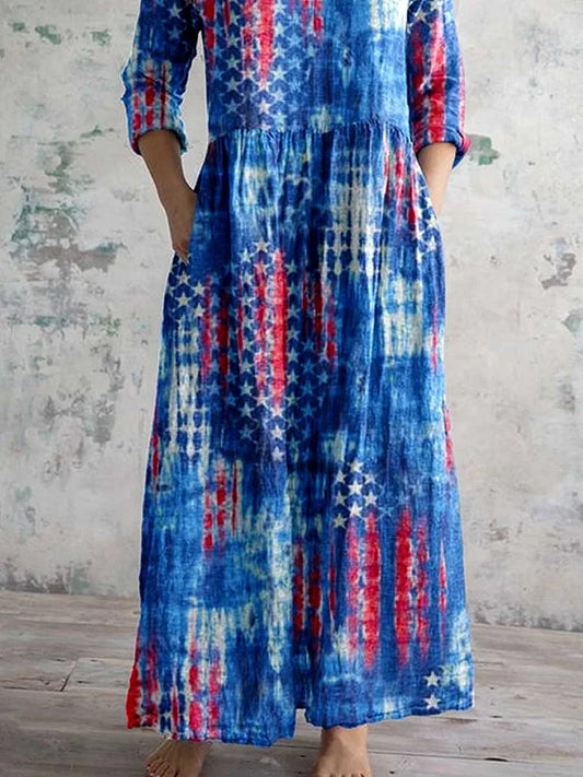 Women's Independence Day Flag Watercolor Gradient Print V-Neck Cotton and Linen Dress