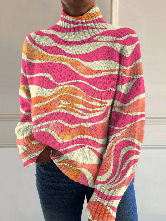 Vintage Color Block Stripes Knit Turtleneck Pullover Sweater