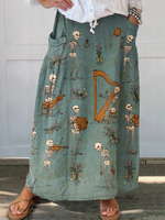 Women's  Retro Skull  Music  Flower Art  Print   Linen Pocket Skirt