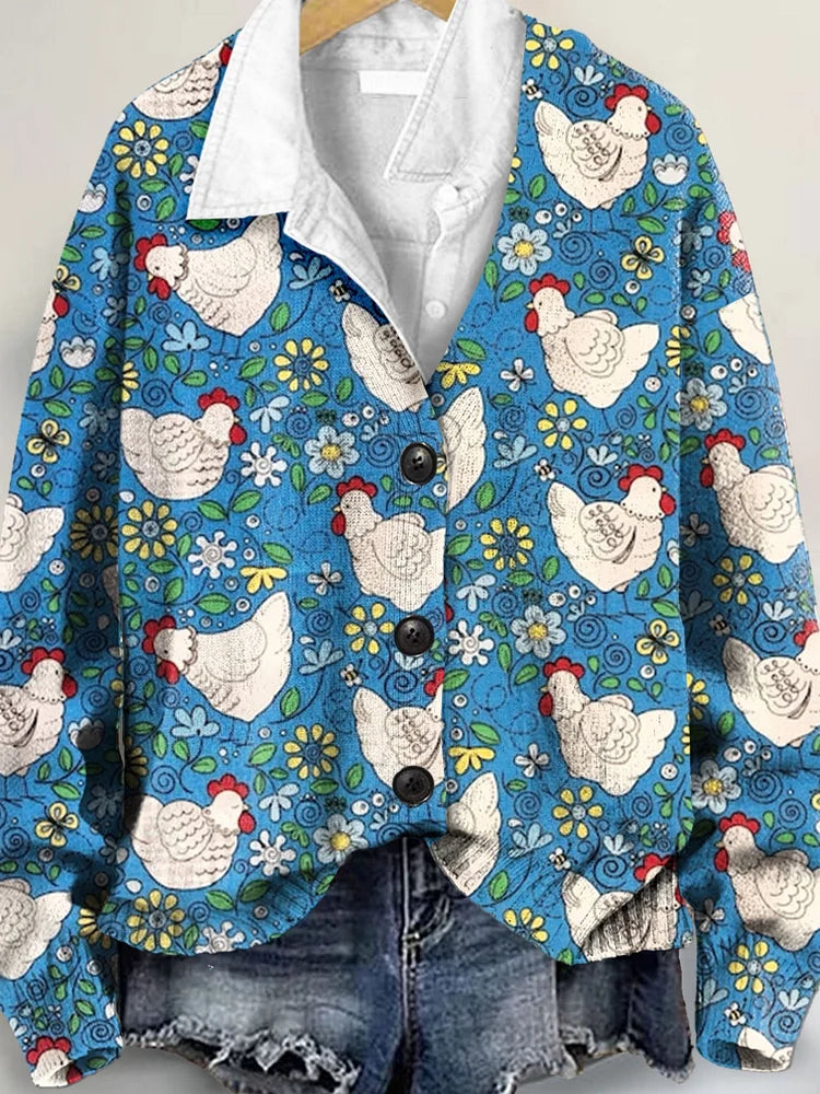 Cute Chicken Lover Art Print Buttoned V-neck Cardigan Sweater