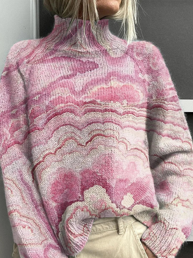 Women's Gradient Pattern Art Print Knitted Turtleneck Pullover Sweater
