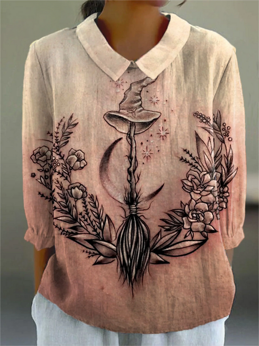 Women's Halloween Witch Art Print Casual Cotton And Linen 3/4 Sleeve Shirt