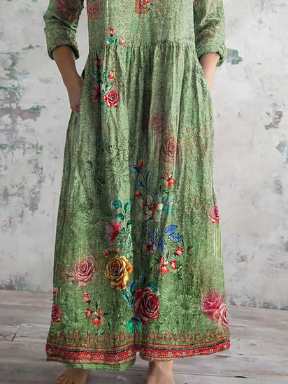 Women's Vintage Floral Print Casual Cotton Dress