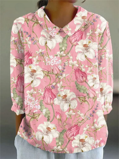 Women's  Vintage Floral Art Print Casual Linen V-neck Shirt