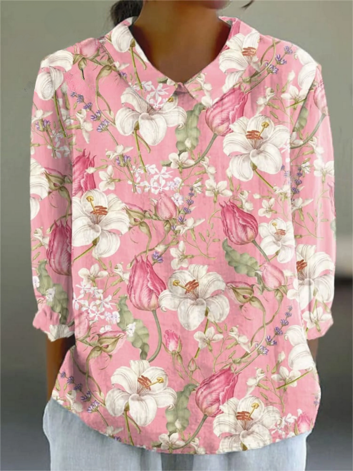 Women's  Vintage Floral Art Print Casual Linen V-neck Shirt