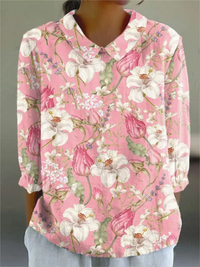 Women's  Vintage Floral Art Print Casual Linen V-neck Shirt