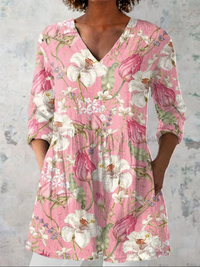 Women's  Vintage Floral Art Print Casual Linen V-neck Shirt