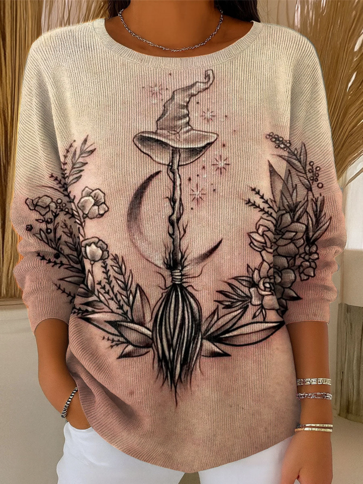 Women's  Halloween Witch Art Print Casual Pullover Sweater