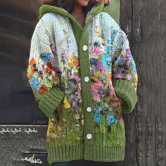 Floral Painting Art Warm Cozy Hooded Cardigan