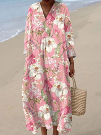 Women's  Vintage Floral Art Print Casual Linen V-neck Shirt