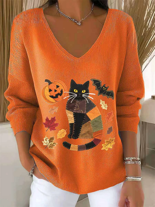 Women's Lovely Halloween Cat Art Print Casual Pullover Sweater