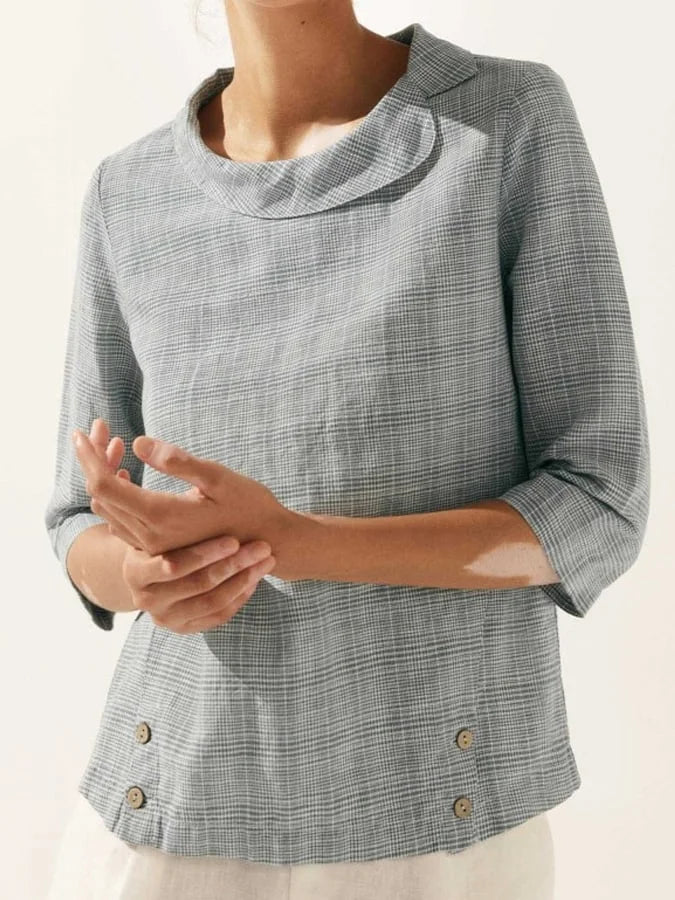 Women'S Linen Check Crew Neck Soft Lapel Top