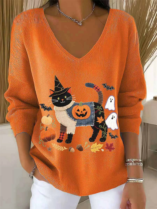 Women's Lovely Halloween Cat Art Print Casual Pullover Sweater