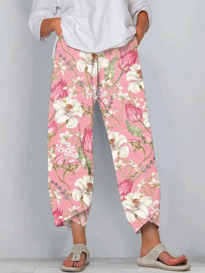 Women's  Vintage Floral Art Print Casual Linen V-neck Shirt