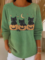 Women's Halloween Cats Art Print Casual Pullover Sweater