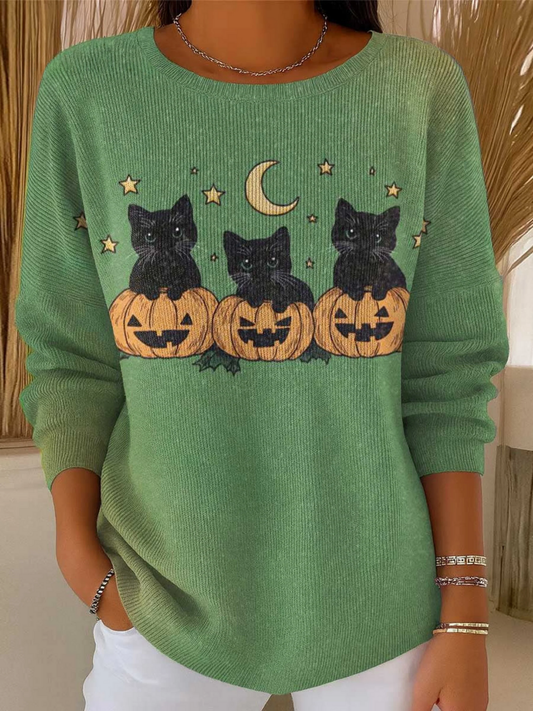Women's Halloween Cats Art Print Casual Pullover Sweater