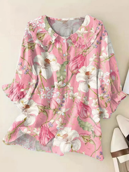 Women's  Vintage Floral Art Print Casual Linen V-neck Shirt