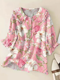 Women's  Vintage Floral Art Print Casual Linen V-neck Shirt