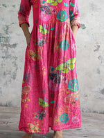 Women's Elegant Floral Butterfly V-Neck Cotton and Linen Dress with Pockets