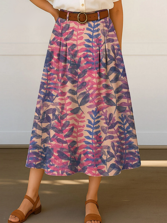 Women's Retro Floral Flowers Print High Waist Casual A-Line Skirt