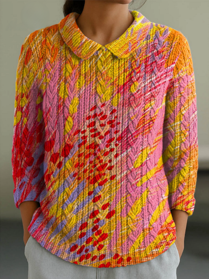 Women's Abstract Pattern Art Print Casual Peter Pan Collar 3/4 Sleeve Sweater