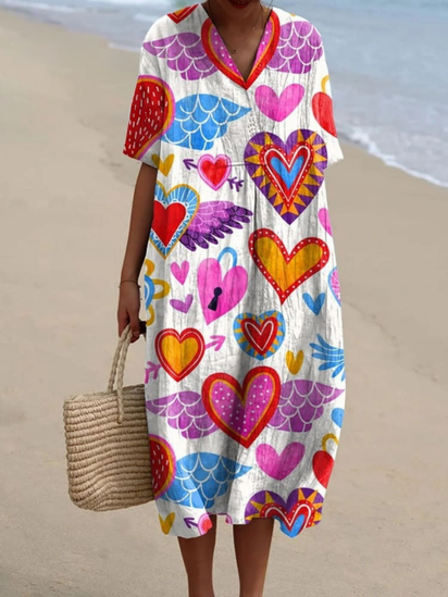 Heart Art Printed Women's Casual Cotton And Linen Shirt