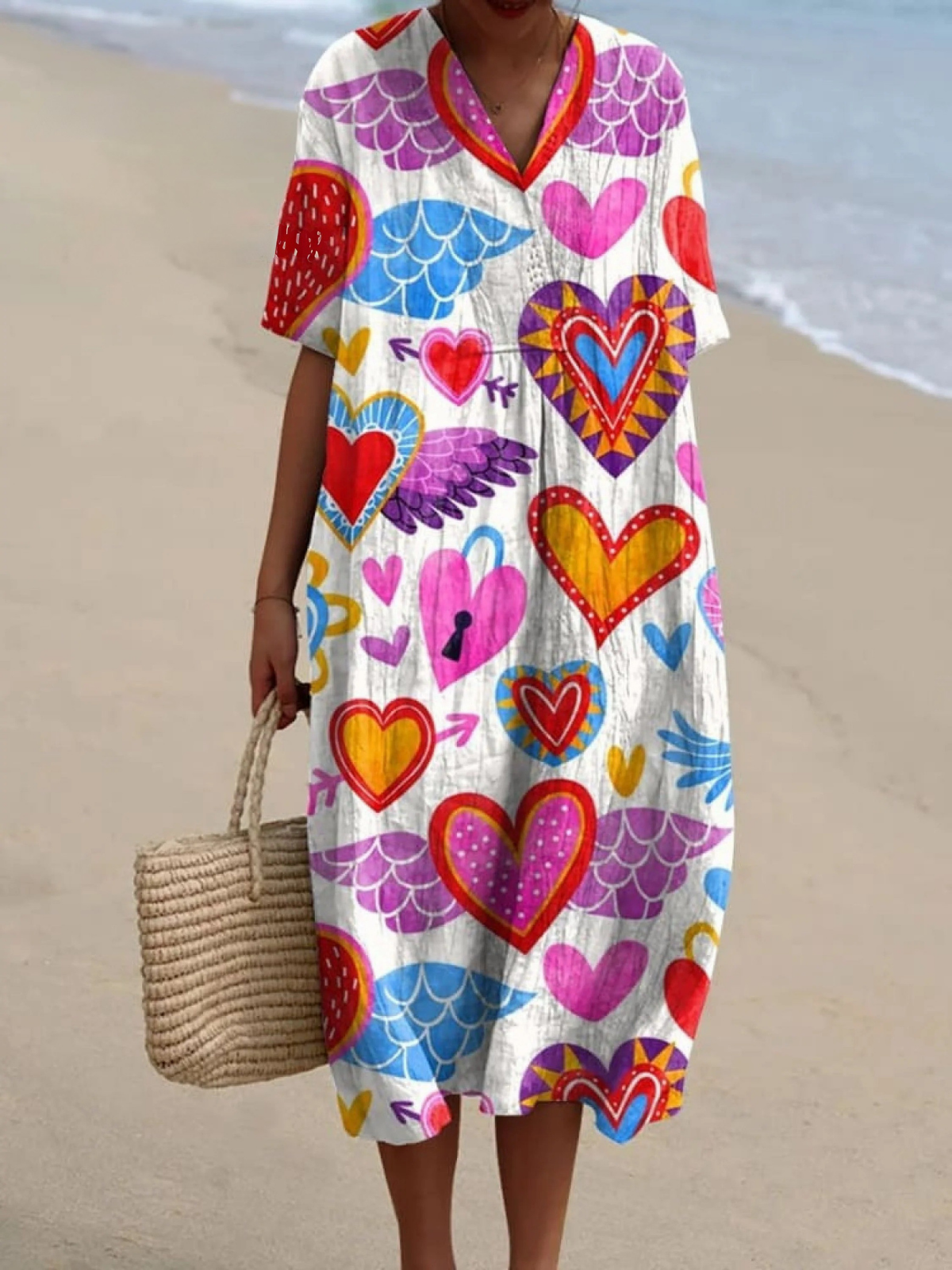 Heart Art Printed Women's Casual Cotton And Linen Shirt