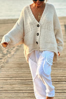 Solid Color Loose Long Sleeve V-neck Pocket Knitted Sweater Cardigan