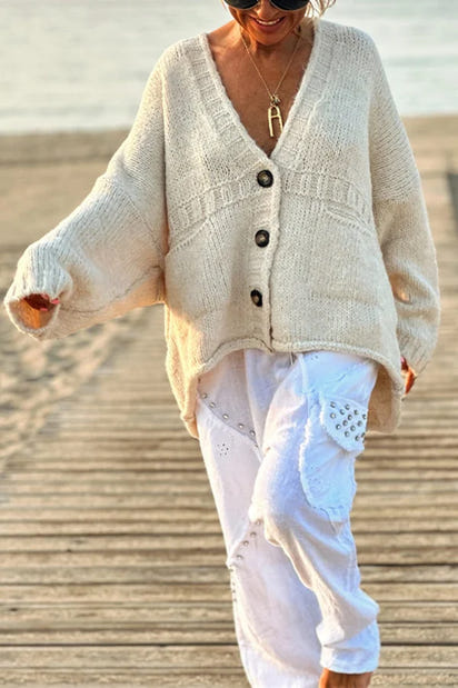 Solid Color Loose Long Sleeve V-neck Pocket Knitted Sweater Cardigan