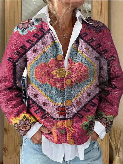 Retro Motifs Print Buttoned Cardigan Sweater