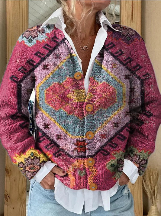 Retro Motifs Print Buttoned Cardigan Sweater