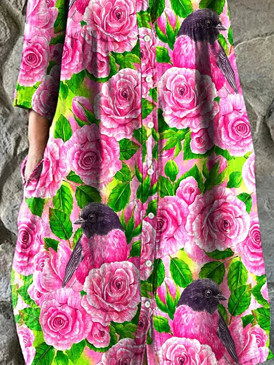 Women's Rose Floral Print Elegant Simple Cotton Shirt Dress