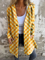 Color Block Art Print Long Sleeve Button Hooded Jacket