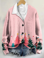 Pink Christmas Tree Art Print Buttoned V-neck Cardigan Sweater