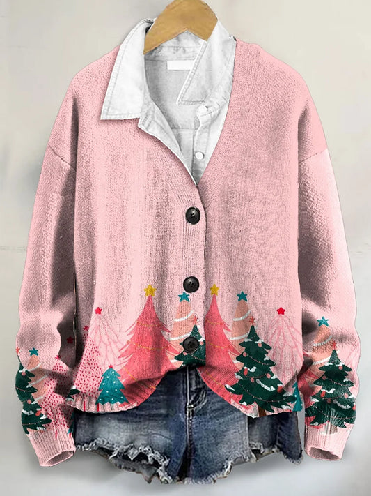 Pink Christmas Tree Art Print Buttoned V-neck Cardigan Sweater