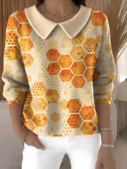 Women's Halloween Plaid Pattern Art Casual Print Peter Pan Collar 3/4 Sleeve Sweater