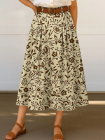 Women's Retro Floral Flowers Print High Waist Casual A-Line Skirt
