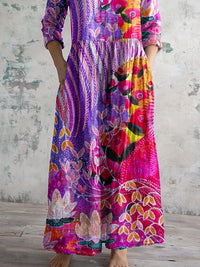 Women's Artistic Geometric Pattern Color Gradient V-neck Cotton And Linen Dress