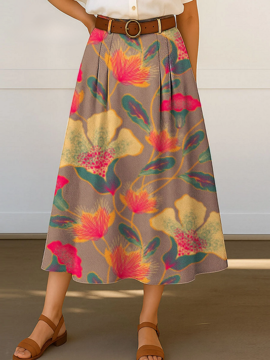 Women's Retro Floral Flowers Print High Waist Casual A-Line Skirt