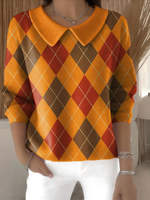 Women's Halloween Plaid Pattern Art Casual Print Peter Pan Collar 3/4 Sleeve Sweater