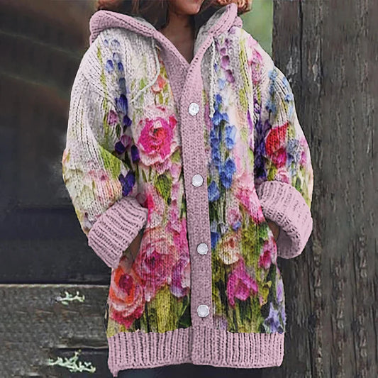 Floral Oil Painting Art Cozy Hooded Cardigan