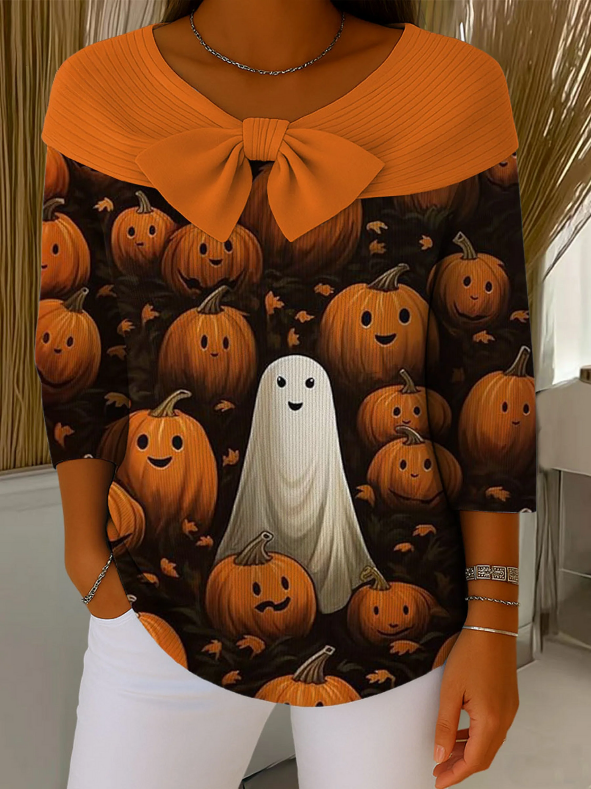 Halloween Pumpkin Ghost Contrasting Colors Print Buttoned Cardigan Sweater