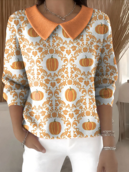 Women's Halloween Pumpkin Pattern Art Casual Print Peter Pan Collar 3/4 Sleeve Sweater