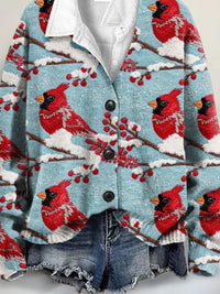 Christmas Red Bird Art Print Buttoned V-neck Cardigan Sweater
