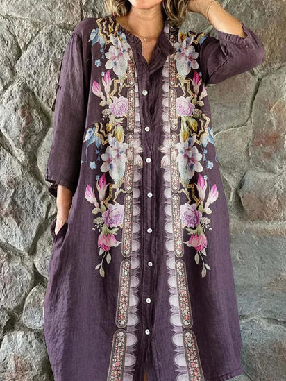 Women's Elegant Floral Print Simple Shirt Cotton Linen Dress